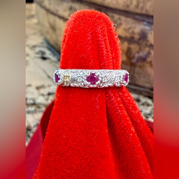 Judith Ripka Jewelry - Judith Ripka Sterling Silver Ruby Stackable Band Ring with CZ Accents - Size 7